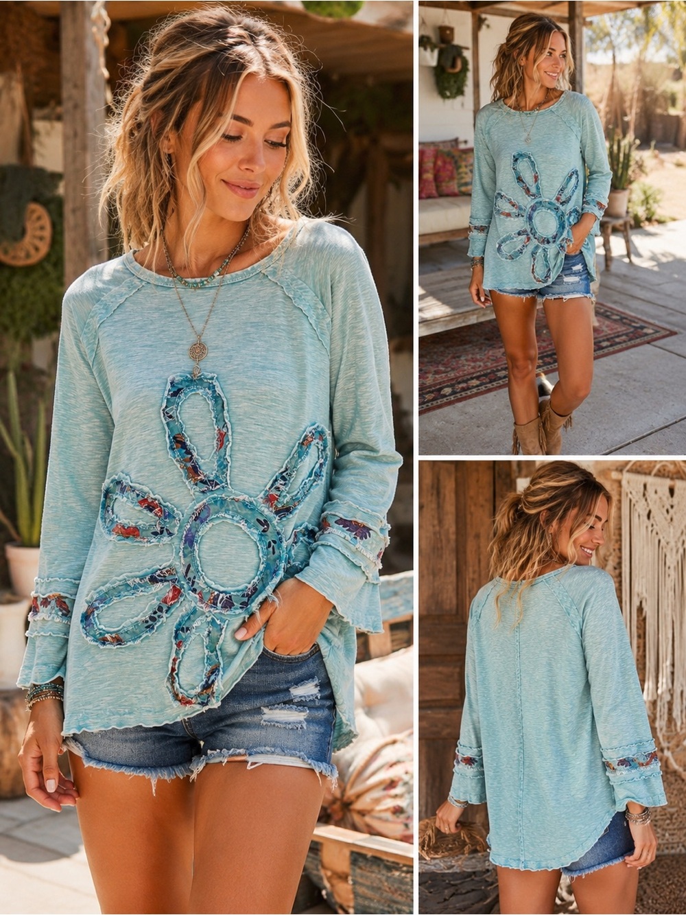 Tru Luxe Jeans Women's Mint Green Floral Cutout Pullover